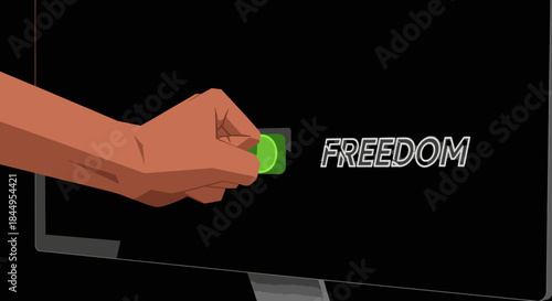 Hand pressing a vibrant green button on a sleek black screen, activating the word 'FREEDOM'. Concept of choice, liberation, and digital empowerment.