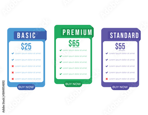 Pricing plans for websites. Colorful template tables. EPS10.