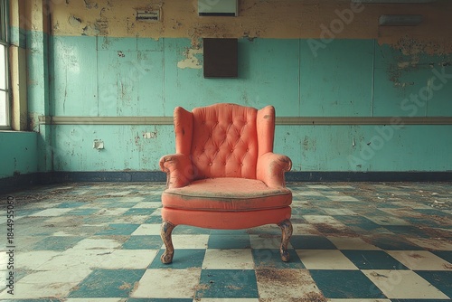 Quilted armchair sits in an abandoned room with peeling paint, checkered floors. Ideal for themes like decay, loneliness, forgotten memories, or urban exploration.
