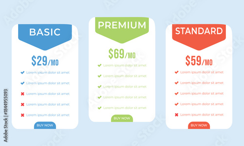 Pricing plans for websites. Colorful template tables. EPS10.