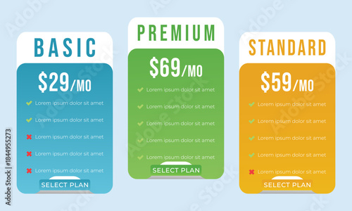 Pricing plans for websites. Colorful template tables. EPS10.