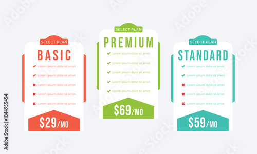 Pricing plans for websites. Colorful template tables.
