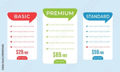 Pricing plans for websites. Colorful template tables. EPS10.