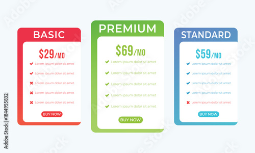 Pricing plans for websites. Colorful template tables. EPS10.