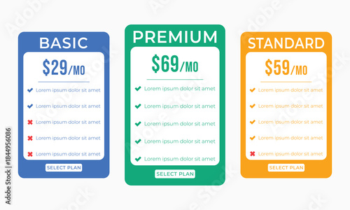 Pricing plans for websites. Colorful template tables. EPS10.