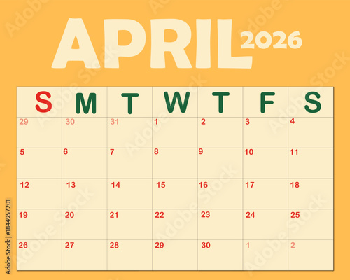 April 2026 Calendar Illustration - A visually appealing graphic depicting the month of April in the year 2026 with a clear grid layout