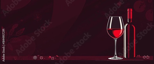 Abstract red & black wine bottle & glass vector illustrations; minimalist restaurant menu poster design,  vintage,  drink
