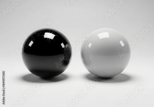 Two shiny spheres, one black and one white, on a plain background