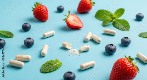 Fototapeta Naklejka Na Ścianę i Meble -  Various fruits and supplements on a blue background.