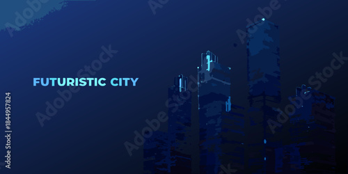 A pixelated dark blue depiction of a futuristic city skyline at night