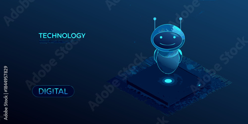 A futuristic robotic figure standing on a digital circuit board background