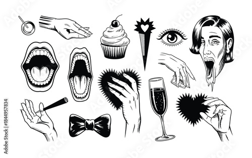 2. halftone stipple eye, mouth, hand, heart, gummy bear illustration, grunge punk y2k collage, pop art crazy dotted elements, vector set for vintage emo gothic banners, music posts