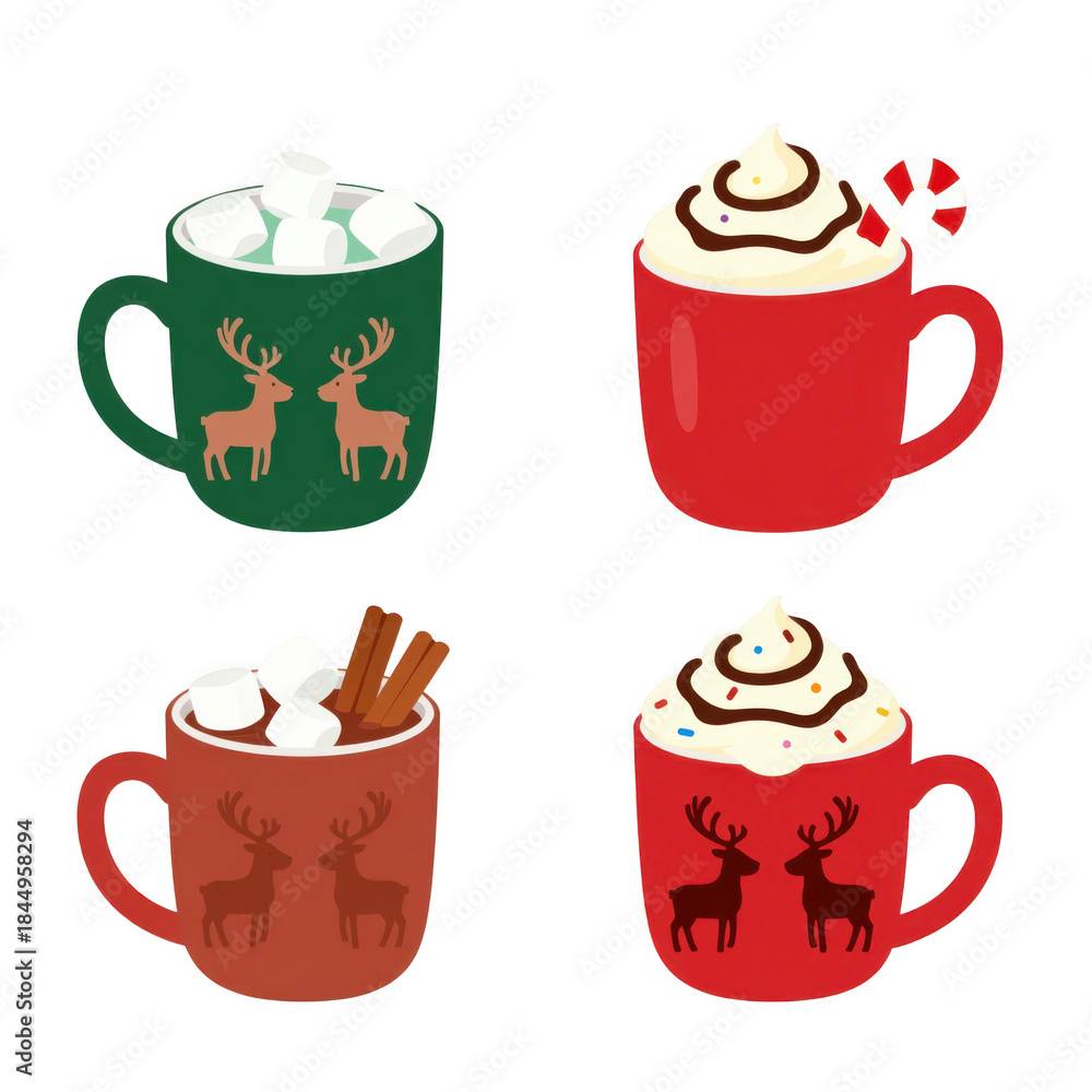 Obraz premium Festive holiday mugs with reindeer designs and whipped cream