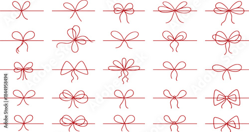 Doodle gift bow. Simple doodle red bows with string and knot for present. Minimalist line art vector for Christmas celebration red icon vector art and illustration 