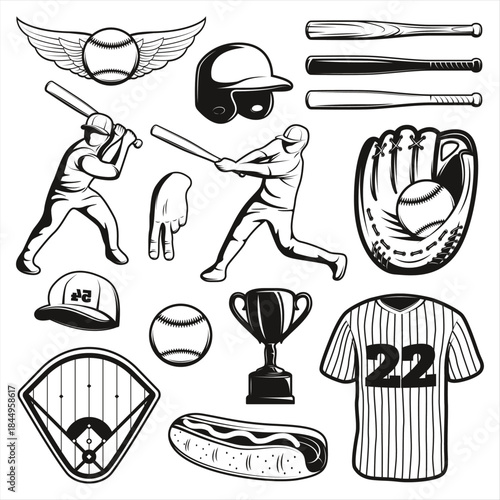 Collection of black and white baseball icons featuring players bats gloves field helmet jersey trophy and food perfect for sports team branding or graphic design projects