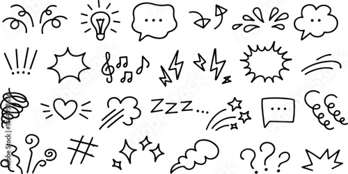 Manga expression. Emotion and motion comic hand drawn elements. Speech bubbles, stars and swirls, lightning and music sound minimal icons line art vector set icon and illustration