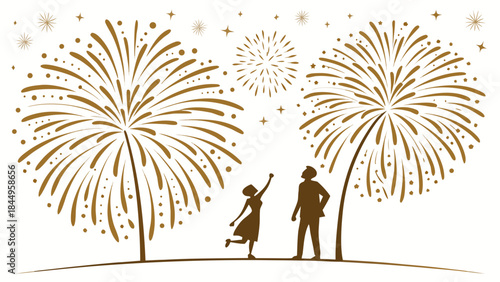 Elegant golden fireworks explode in night sky as joyful couple watches festive display