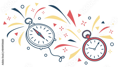 Minimalist floating clock elements with colorful geometric shapes and confetti on white background for time management and celebration concepts