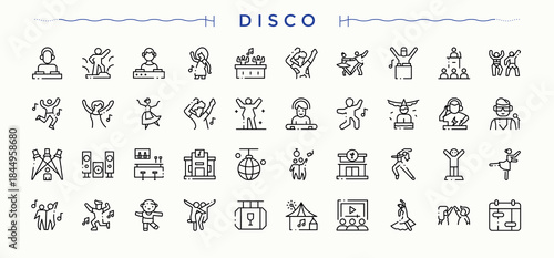 Disco icon set. Contains related to sound, instrument, melody, music, dj, music, musical and more. Dj linear icon set. Thin icons set. Vector illustration. Pixel perfect.