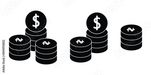 coin icon set in plain black color, isolated on white background, vector illustration