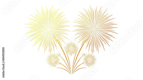 Beautiful gold fireworks exploding in night sky with white background, celebration