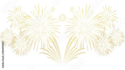 Multiple gold fireworks exploding in the air on a white background, festive celebration scene with burst of colorful lights and streaks, holiday decoration concept
