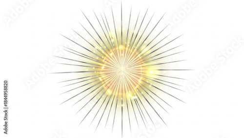 A bright yellow and orange starburst design with thin black lines radiating from a central light source on a white background