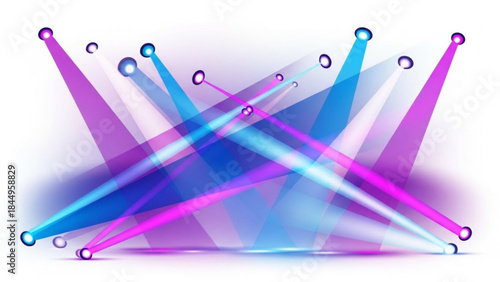 Vibrant pink and blue laser beams intersect in a dynamic abstract composition with glowing spheres on a white background