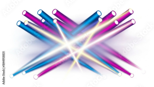 Vibrant colorful lights beams shining in multiple directions creating a dynamic starburst effect with blue pink and white hues on a plain white background