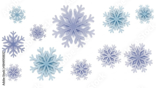 A collection of intricately designed blue and purple snowflakes on white background for winter wonderland scenes and festive holiday decorations