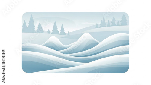 Snowy landscape with rolling hills and pine trees in the background, serene winter scenery with soft blue hues and gentle snow covered hills