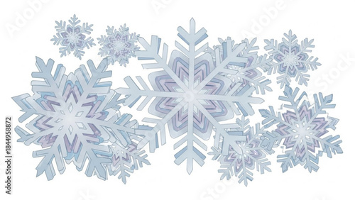 Delicate frosty snowflakes floating gently on white background creating serene winter scene