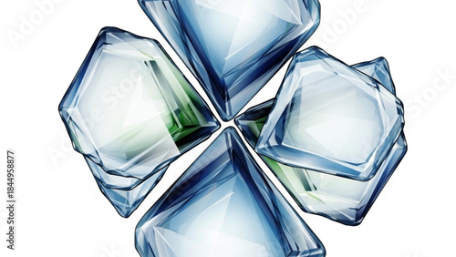 Crystal clear glass ice cubes arranged in a symmetrical pattern on white background for refreshing summer concept with shiny transparent shapes