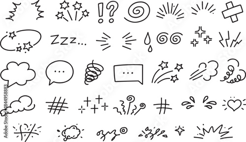 Expression sign. Comic doodle elements, cartoon speech bubble, manga expression symbols, question and exclamation mark, star sparkle, swirl black and white vector art