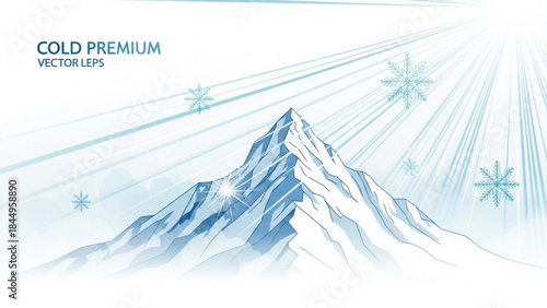 Snowy mountain peak with sun rays and snowflakes in winter landscape scene