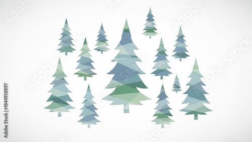 A group of blue and green polygonal pine trees on a white background, illustration of multiple coniferous trees in various shades of blue and green, geometric shapes