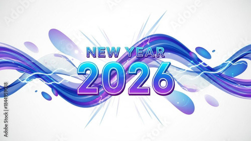 Vibrant purple and blue swirling waves with new year 2026 text on white background for celebration and festive designs