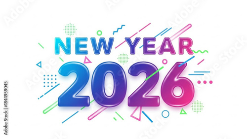 Vibrant new year 2026 celebration graphic with colorful shapes and bold typography on white background