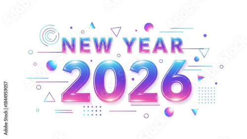 New year 2026 colorful typography with geometric shapes and vibrant gradient numbers on white background for celebrations