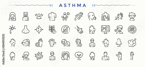 Asthma icon set. Thin web icons. Contains outline symbols like allergic, asthma, pollen. Editable vector. Disease vector line icon set.