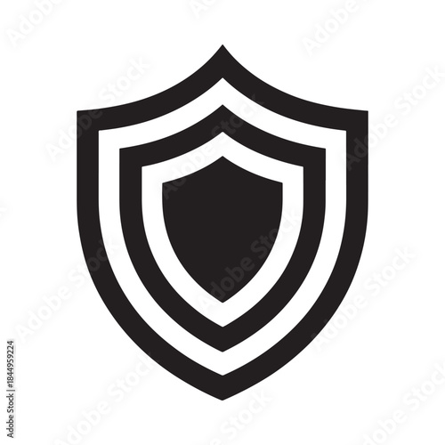 A simple black and white shield icon with layered outlines representing protection