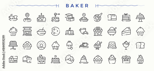 Bakery line icon set. Bake icon. Minimal linear icons. Contains such icons as bake, food, sweet, pastry, cafe. Vector illustration.