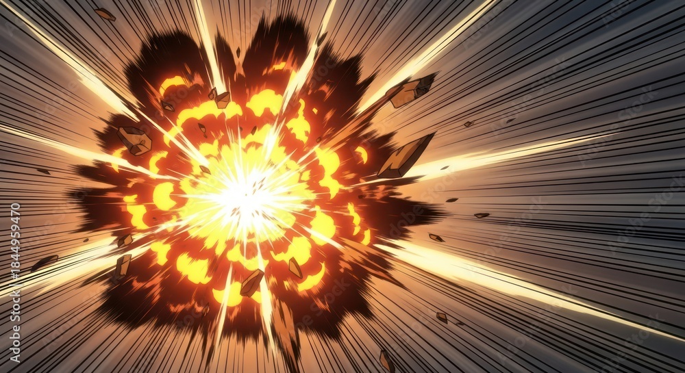 Obraz premium Dynamic visual explosion graphic novel style with motion speed lines and fiery elements depicting