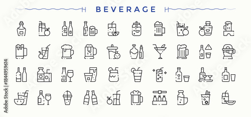 Beverage icon set. Vector outline icons collection. Drink icon set. Related to juice, wine, soda, champagne, cocktail, beer, soft drinks and more.