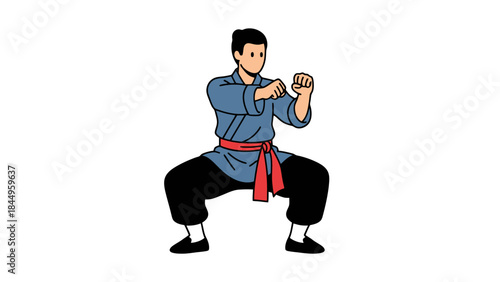 Martial arts practitioner in traditional uniform demonstrating stance and technique