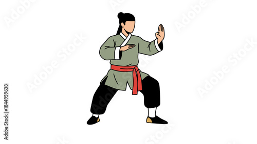 Dynamic Martial Arts Practitioner Performing a High Kick in Traditional Attire