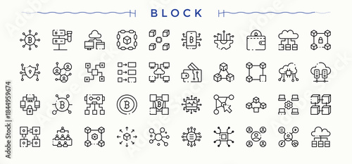 Block icon set. Outline icons pack. Vector artwork and illustration. Mining icon set. Contain linear symbols tech, fin, currency, network, bit, wallet and more.