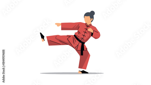 Dynamic Martial Arts Practitioner Performing High Kick in Traditional Uniform
