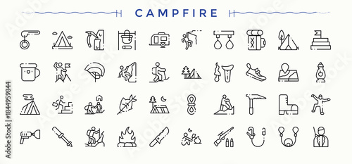 Campfire vector icon set. Minimalist icons pack. Editable stroke. Vector collection. Vacation simple icon set. Related to tent, forest, kayak, travel, hiking, camping and more.