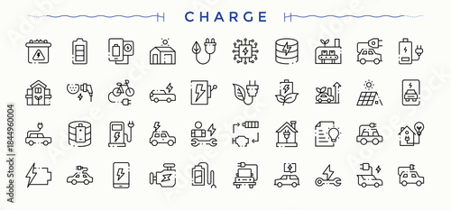 Charge vector icon set. Battery modern vector illustration. Modern icons collection. Charge icon set. Vector illustration. Pixel perfect.
